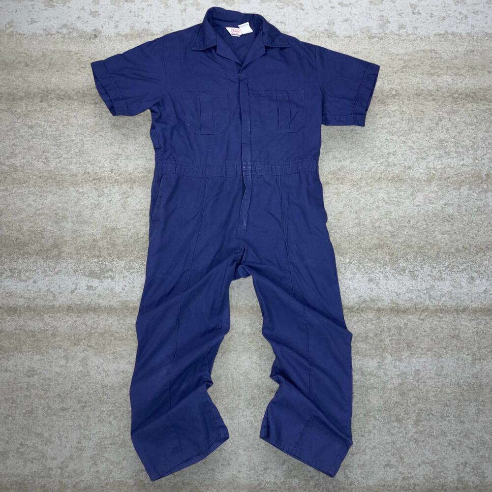 Vintage 90s Walls Coveralls Mens XL Baggy Wide Leg Navy Blue Cotton Short Sleeve